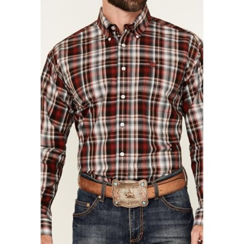Cinch Men's Medium Long Sleeve Plaid Button Up Western Shirt Red/Black